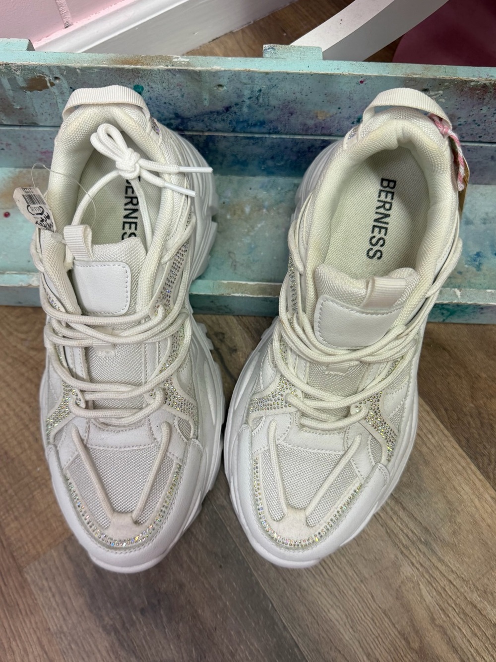 Berness Women's Chunky White Sneakers with Sparkle Trim